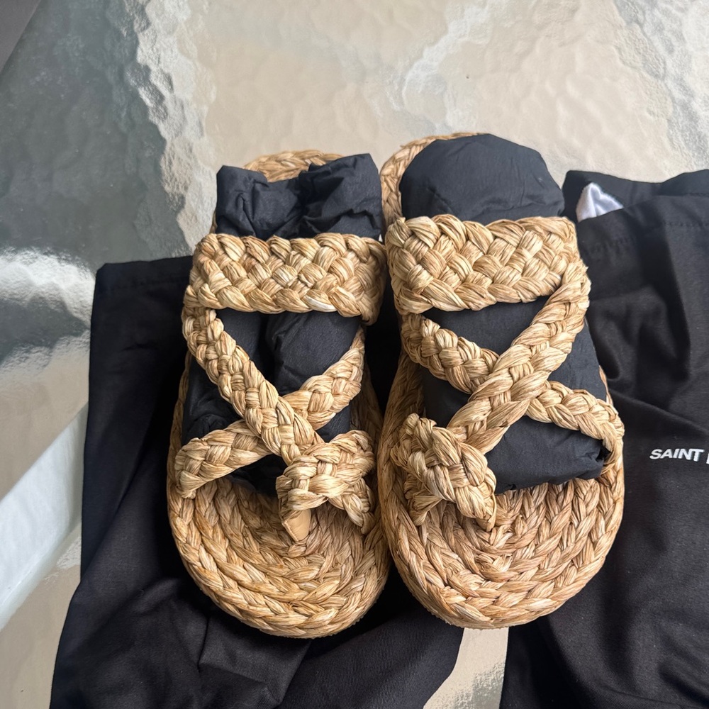 Saint Laurent Natural Raffia Braided Slide Sandals - Picture 8 of 8